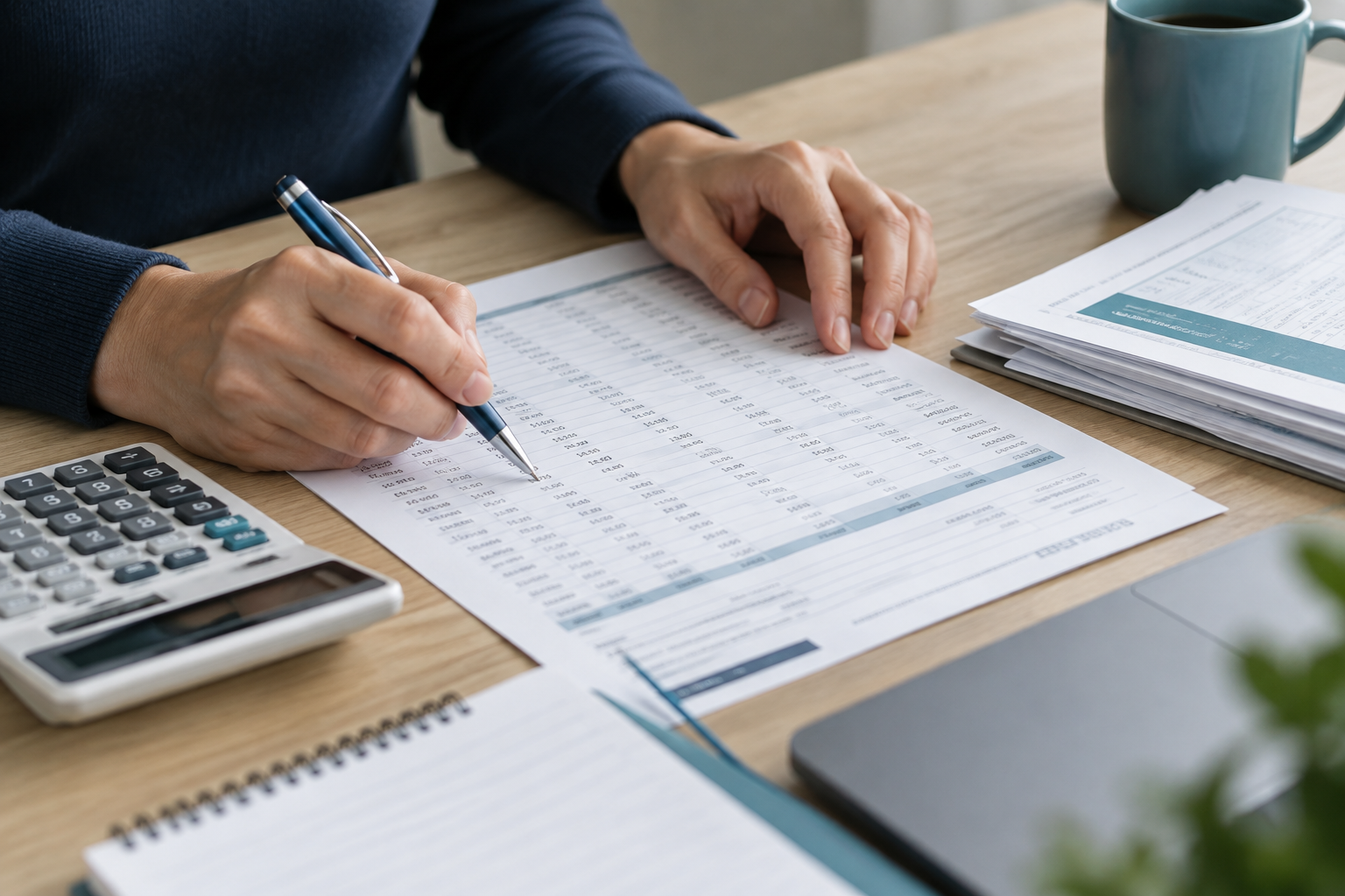 Close-up of a bookkeeping review with statements and a calculator
