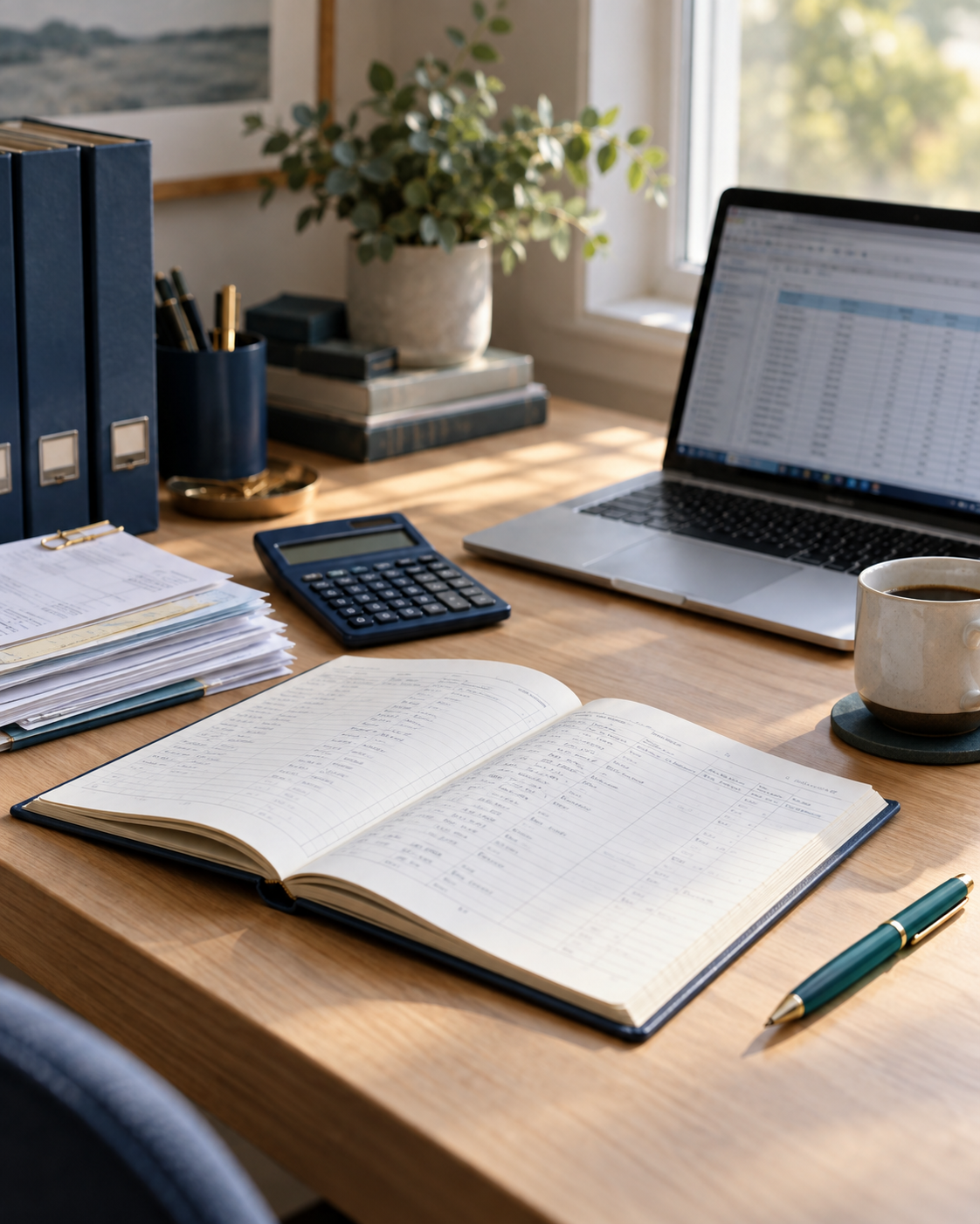 Organized bookkeeping workspace with a ledger, calculator, and spreadsheet